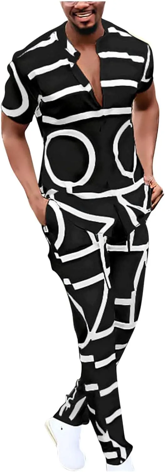 Muscularfit Men's Short Sets Outfits 2 Piece Summer Tracksuit Short Sleeve Print Shirts and Pant Set Running Sweatsuit Set