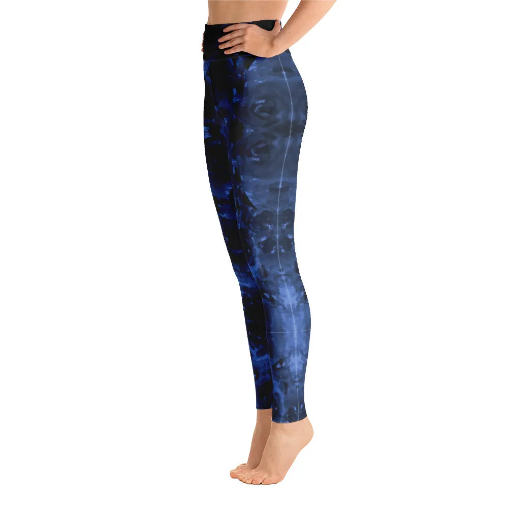 Navy Blue Floral Yoga Leggings, Abstract Flower Print Designer Women's Yoga Pants-Made in USA/EU
