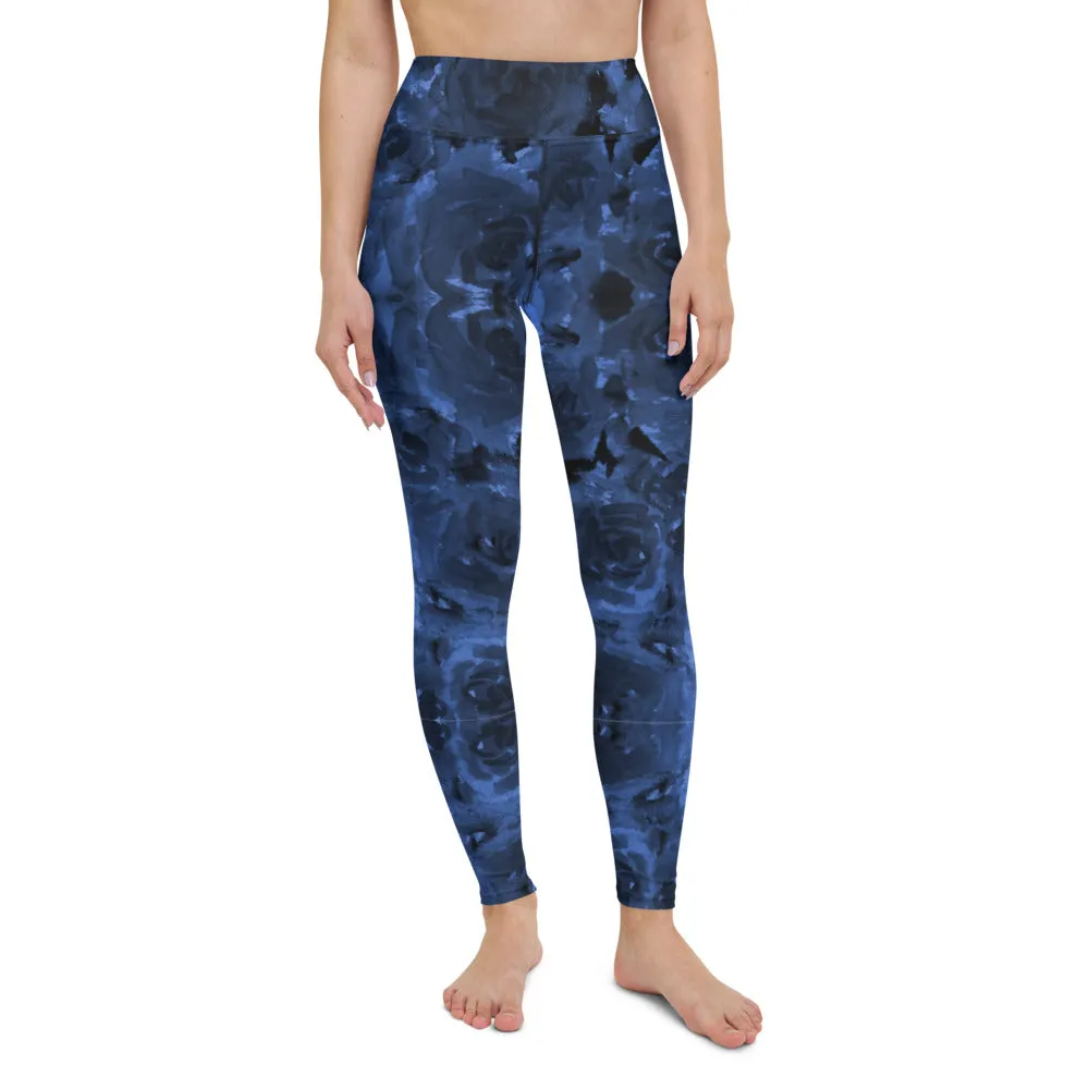 Navy Blue Floral Yoga Leggings, Abstract Flower Print Designer Women's Yoga Pants-Made in USA/EU