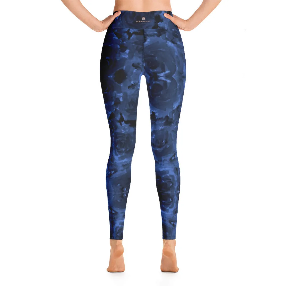 Navy Blue Floral Yoga Leggings, Abstract Flower Print Designer Women's Yoga Pants-Made in USA/EU