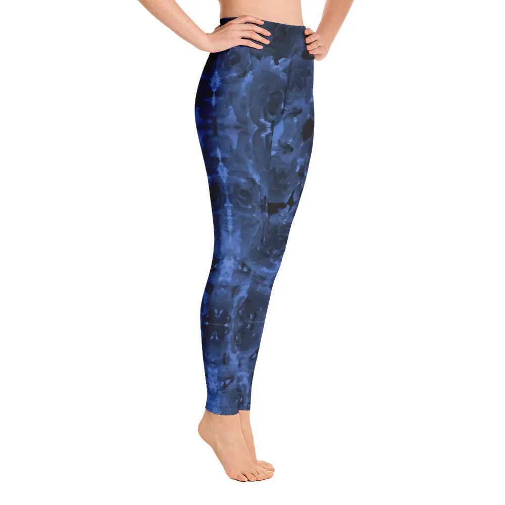 Navy Blue Floral Yoga Leggings, Abstract Flower Print Designer Women's Yoga Pants-Made in USA/EU