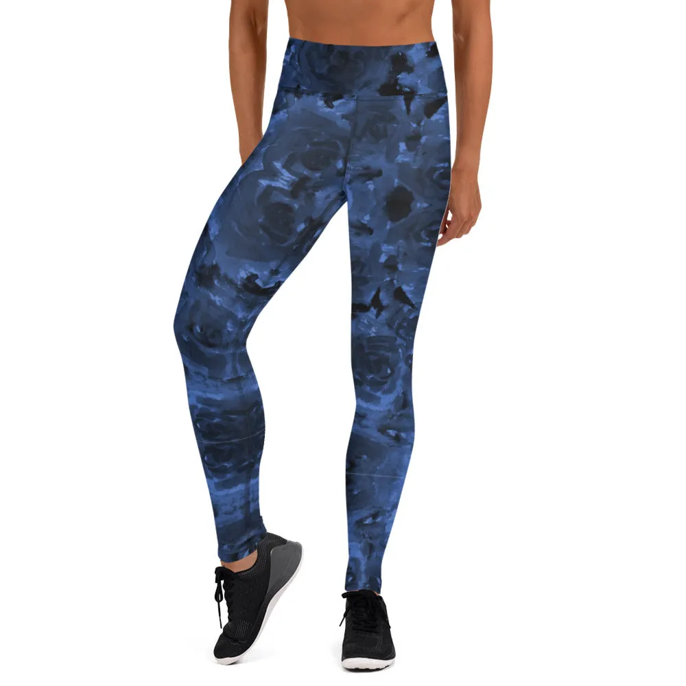 Navy Blue Floral Yoga Leggings, Abstract Flower Print Designer Women's Yoga Pants-Made in USA/EU