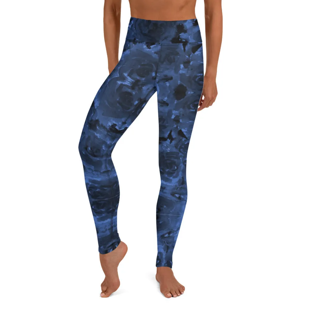 Navy Blue Floral Yoga Leggings, Abstract Flower Print Designer Women's Yoga Pants-Made in USA/EU