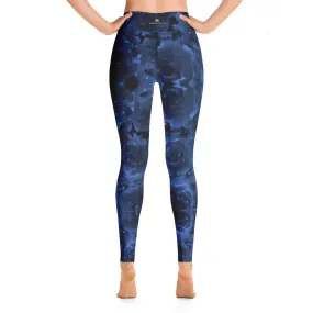 Navy Blue Floral Yoga Leggings, Abstract Flower Print Designer Women's Yoga Pants-Made in USA/EU