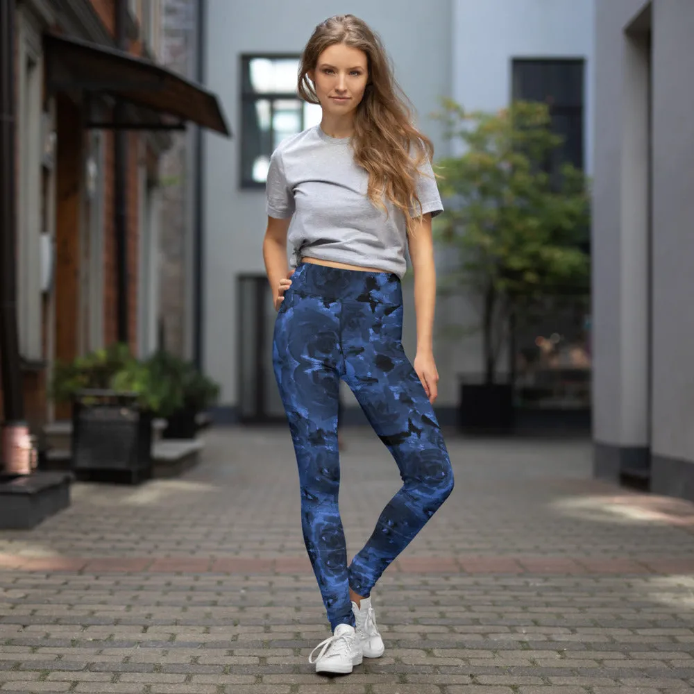 Navy Blue Floral Yoga Leggings, Abstract Flower Print Designer Women's Yoga Pants-Made in USA/EU