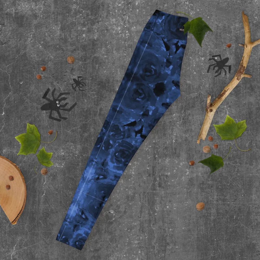 Navy Blue Floral Yoga Leggings, Abstract Flower Print Designer Women's Yoga Pants-Made in USA/EU