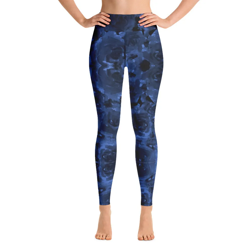 Navy Blue Floral Yoga Leggings, Abstract Flower Print Designer Women's Yoga Pants-Made in USA/EU