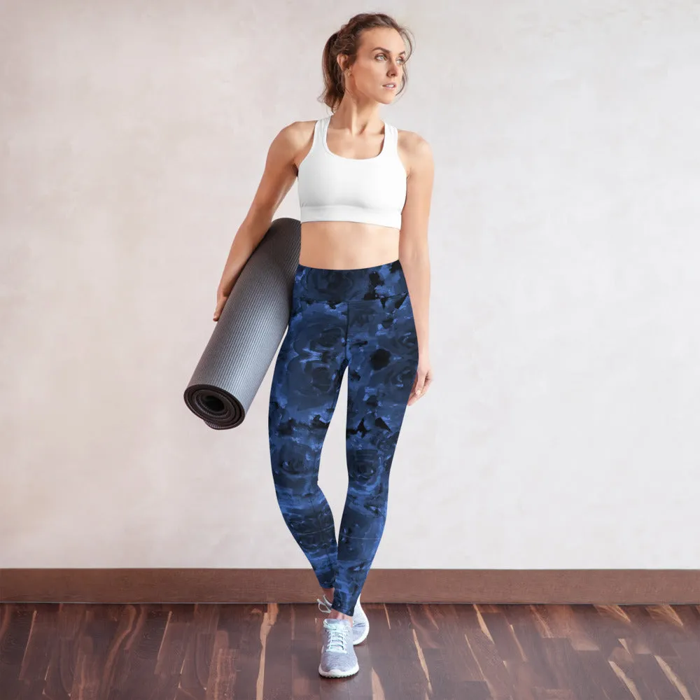 Navy Blue Floral Yoga Leggings, Abstract Flower Print Designer Women's Yoga Pants-Made in USA/EU