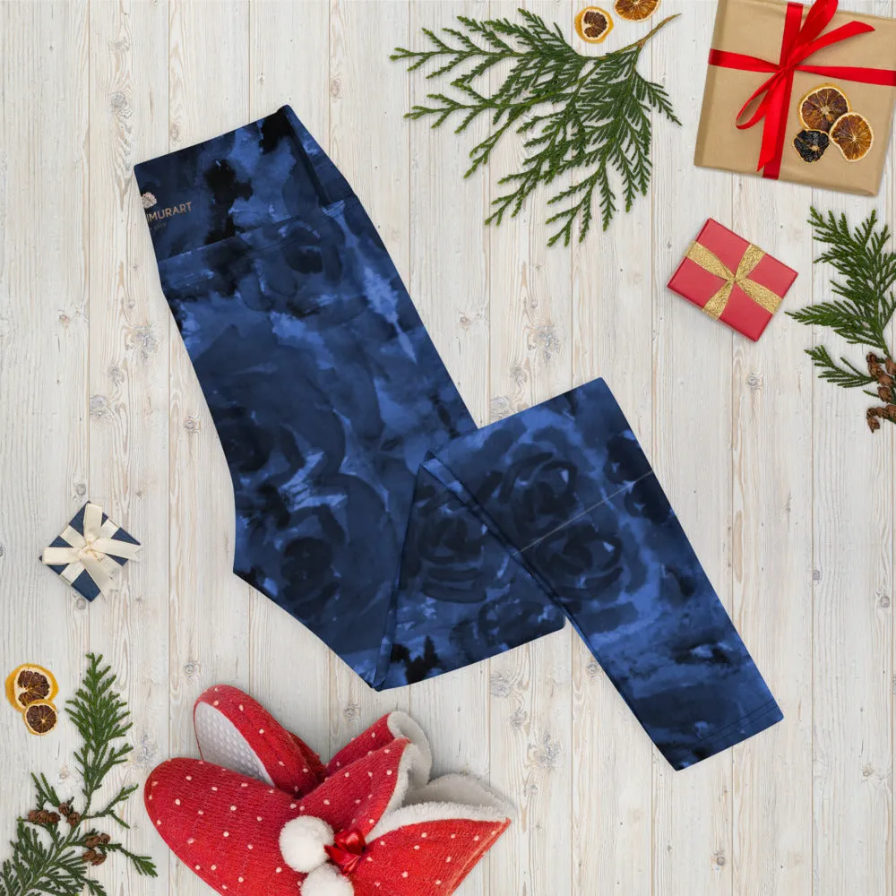 Navy Blue Floral Yoga Leggings, Abstract Flower Print Designer Women's Yoga Pants-Made in USA/EU