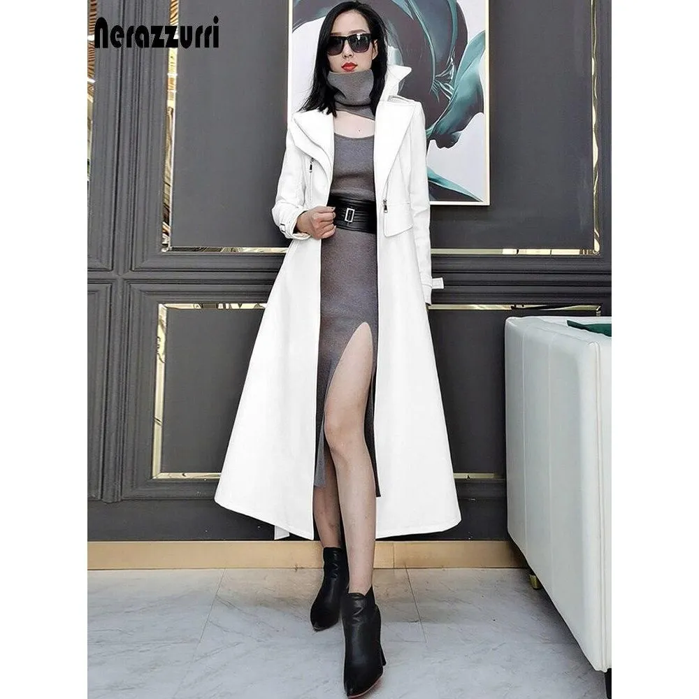 Nerazzurri Spring Runway White Long Leather Trench Coat for Women Long Sleeve Elegant Luxury Fashion