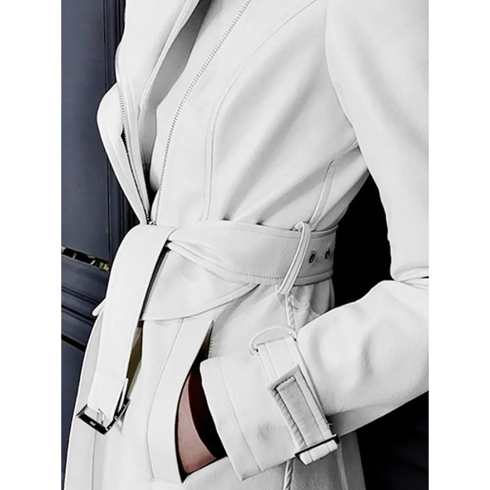 Nerazzurri Spring Runway White Long Leather Trench Coat for Women Long Sleeve Elegant Luxury Fashion