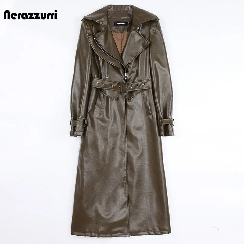 Nerazzurri Spring Runway White Long Leather Trench Coat for Women Long Sleeve Elegant Luxury Fashion