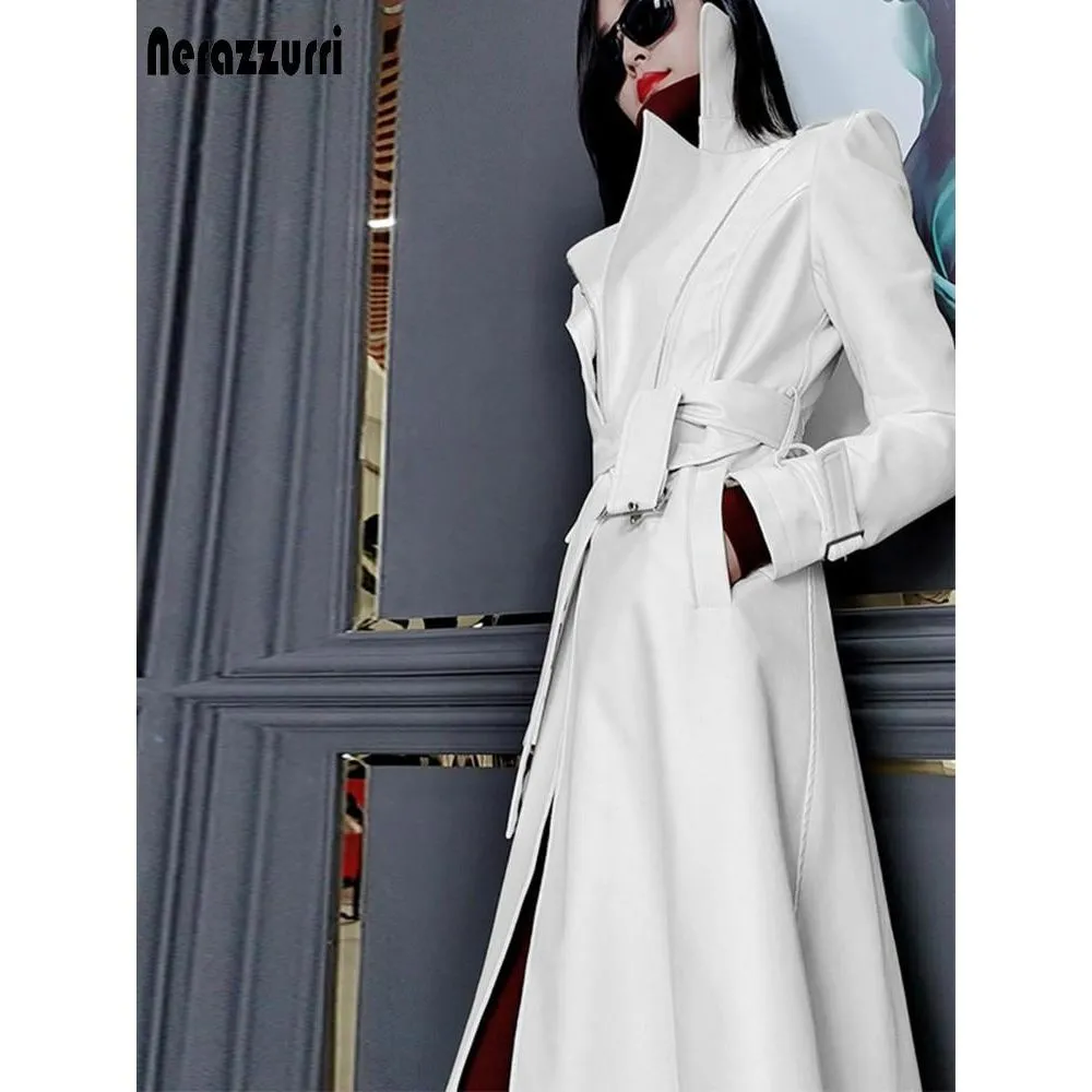 Nerazzurri Spring Runway White Long Leather Trench Coat for Women Long Sleeve Elegant Luxury Fashion