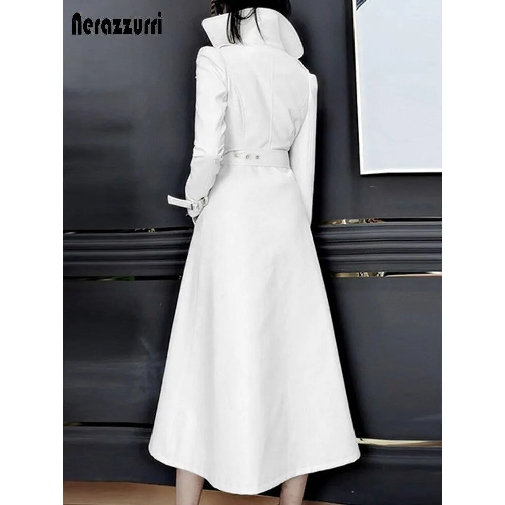 Nerazzurri Spring Runway White Long Leather Trench Coat for Women Long Sleeve Elegant Luxury Fashion
