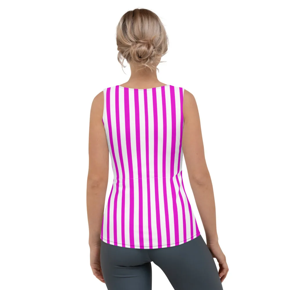 Pink Vertically Striped Tank Top, Modern Stripes Print Designer Crew Beck Tank Top For Women- Made in USA/EU/MX (US Size: XS-XL)