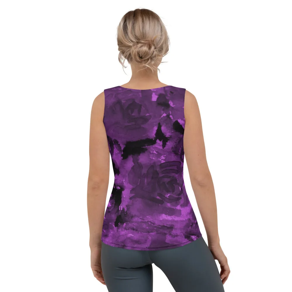 Purple Abstract Ladies' Tank Top, Abstract Print Designer Crew Beck Tank Top For Women