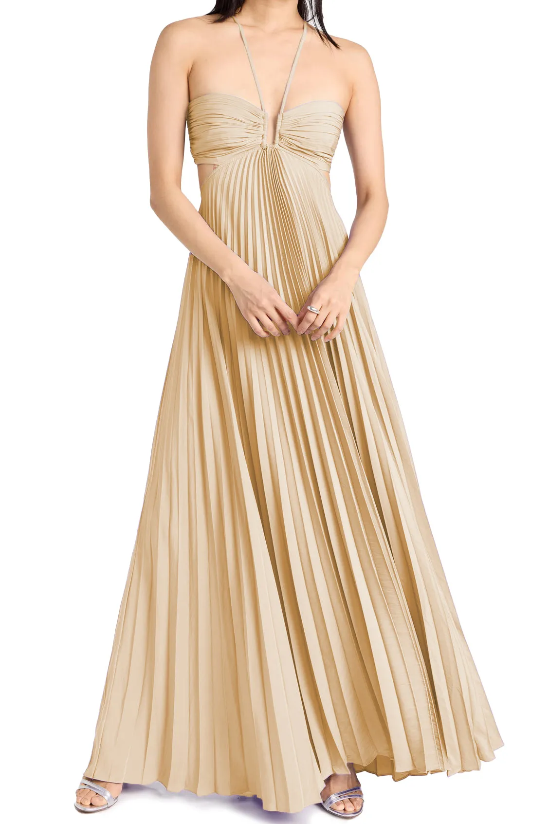 【Quinnbie】Ethereal Grace in a Thousand Pleats - Apricot V-Neck Spaghetti Strap Dress.