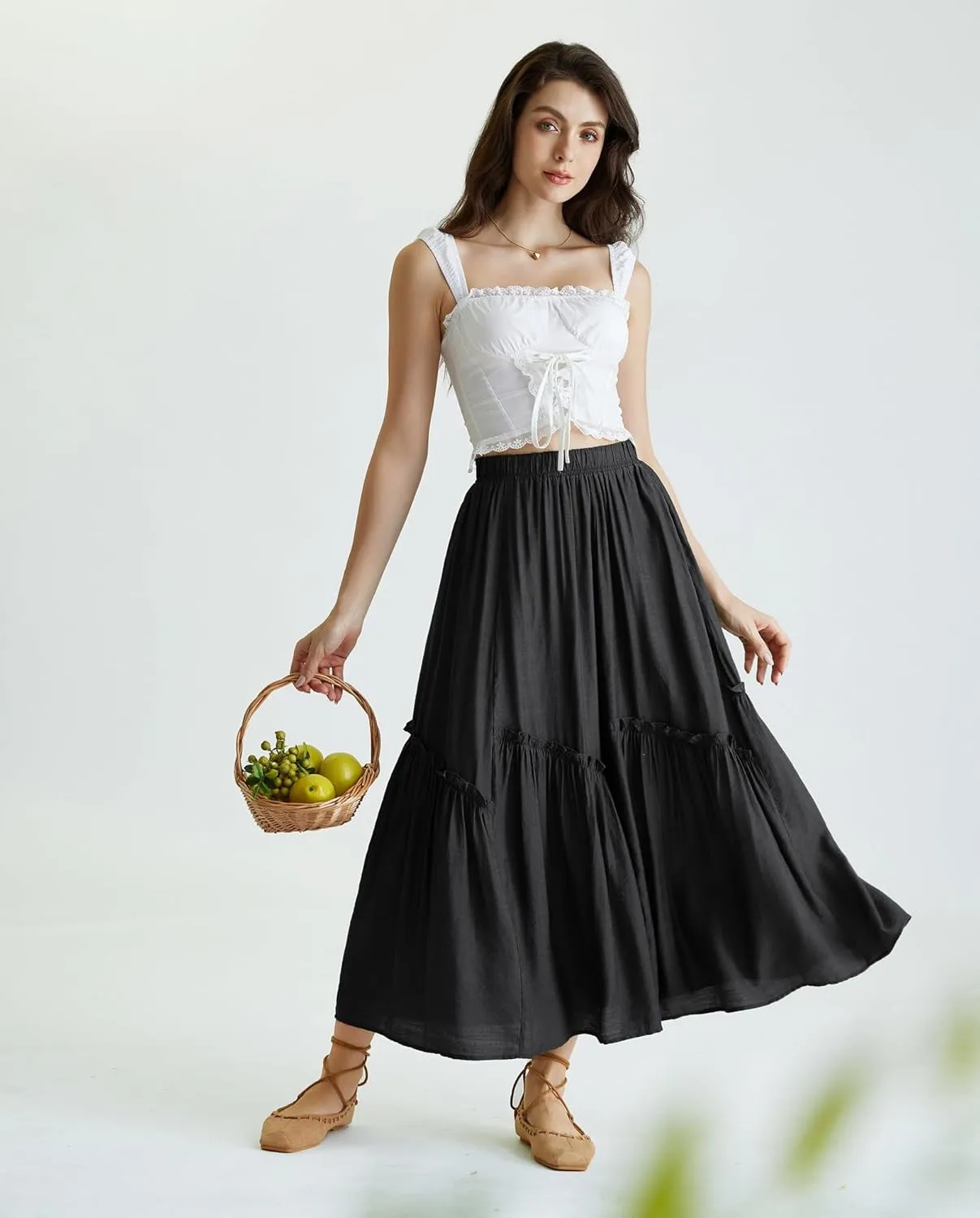 Scarlet Darkness Maxi Skirts for Women Renaissance High Waisted Boho Tiered Flowy Skirt with Pockets