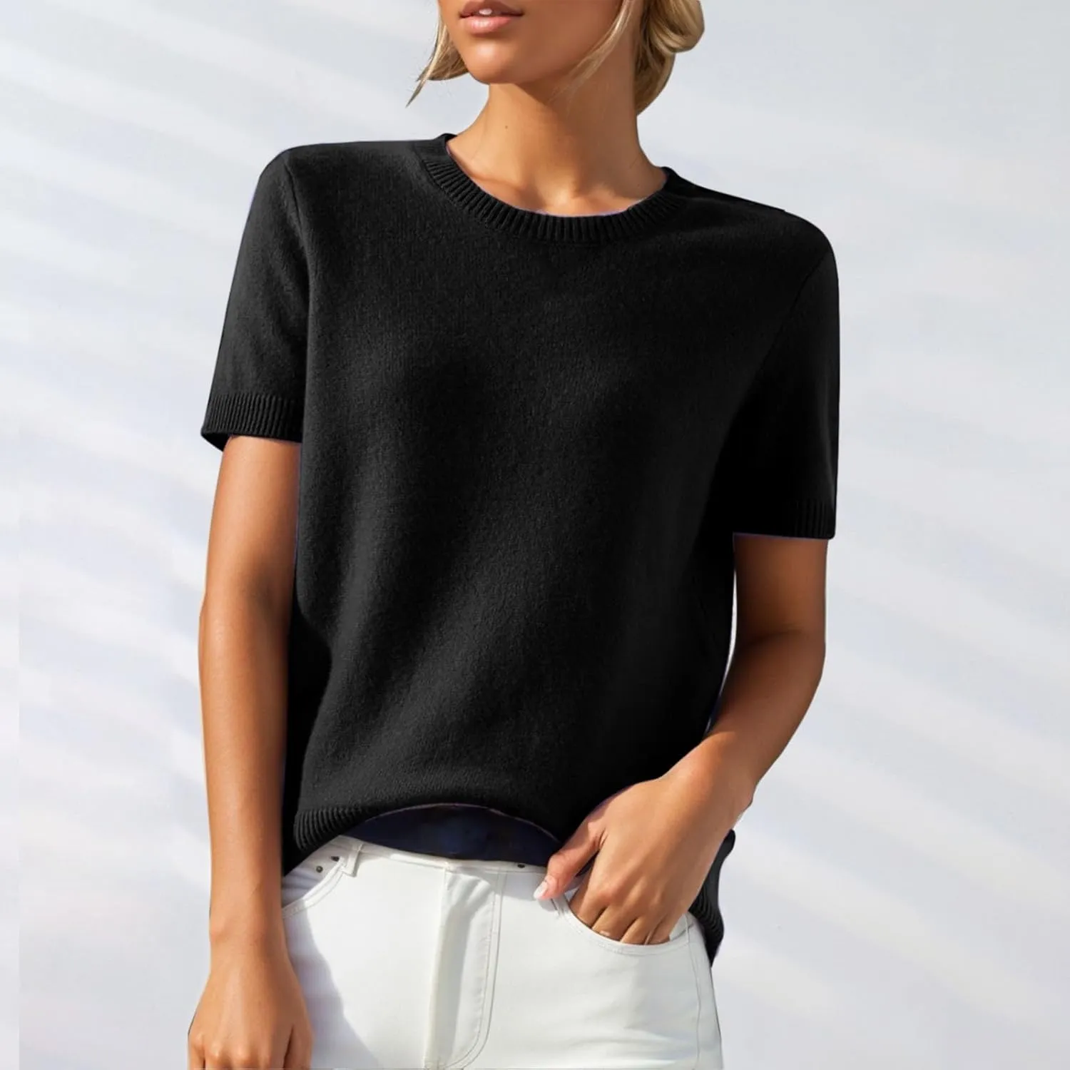 Short Sleeve Sweater for Women Trendy 2024 Soft Crewneck Knit T Shirts Casual Solid Loose Fit Cashmere Sweaters Tees