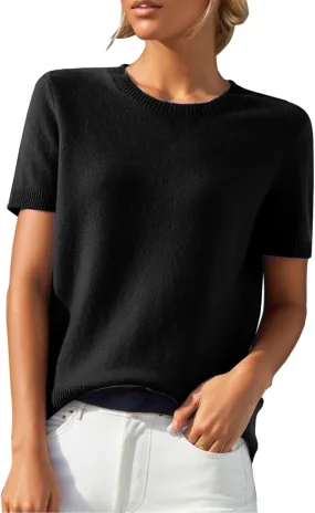 Short Sleeve Sweater for Women Trendy 2024 Soft Crewneck Knit T Shirts Casual Solid Loose Fit Cashmere Sweaters Tees