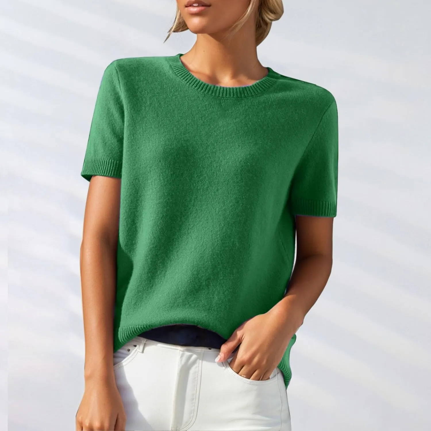 Short Sleeve Sweater for Women Trendy 2024 Soft Crewneck Knit T Shirts Casual Solid Loose Fit Cashmere Sweaters Tees
