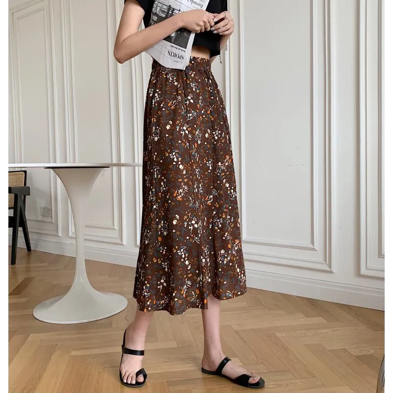 Slimming Midi High-Waisted Floral Print Mesh Skirt
