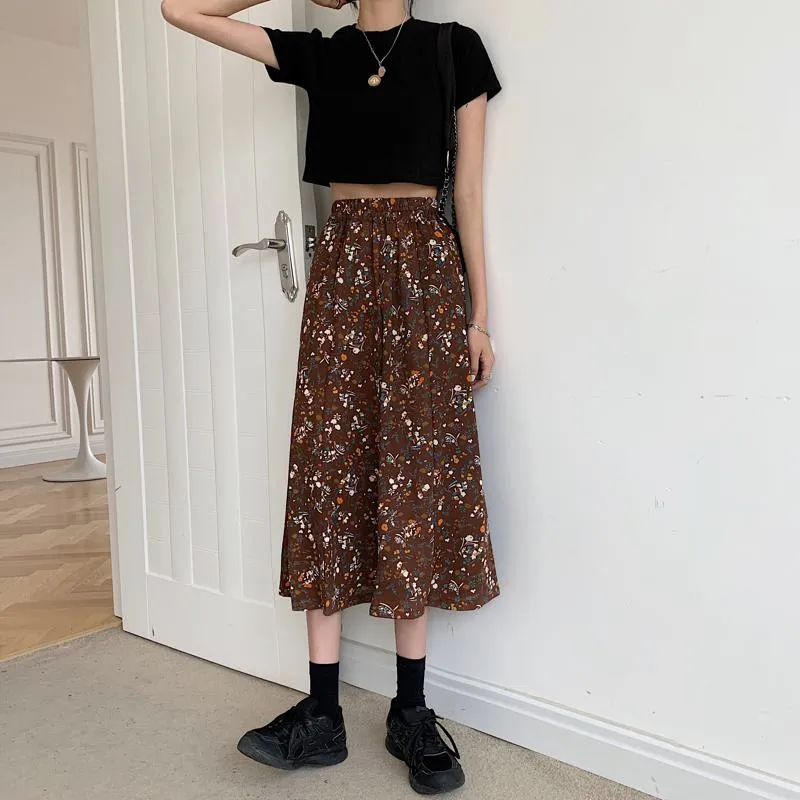 Slimming Midi High-Waisted Floral Print Mesh Skirt