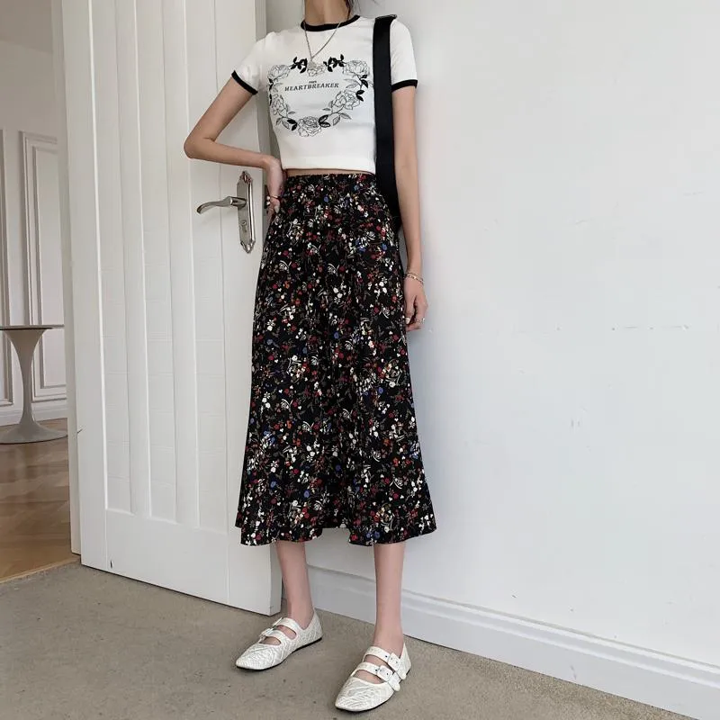 Slimming Midi High-Waisted Floral Print Mesh Skirt