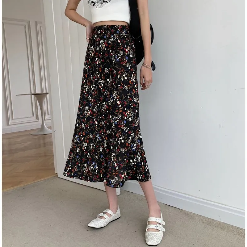 Slimming Midi High-Waisted Floral Print Mesh Skirt