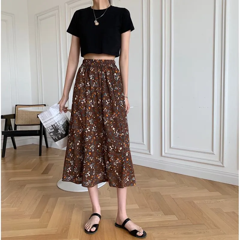 Slimming Midi High-Waisted Floral Print Mesh Skirt
