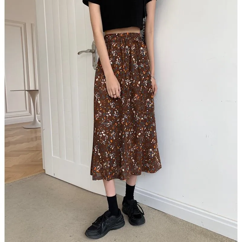Slimming Midi High-Waisted Floral Print Mesh Skirt