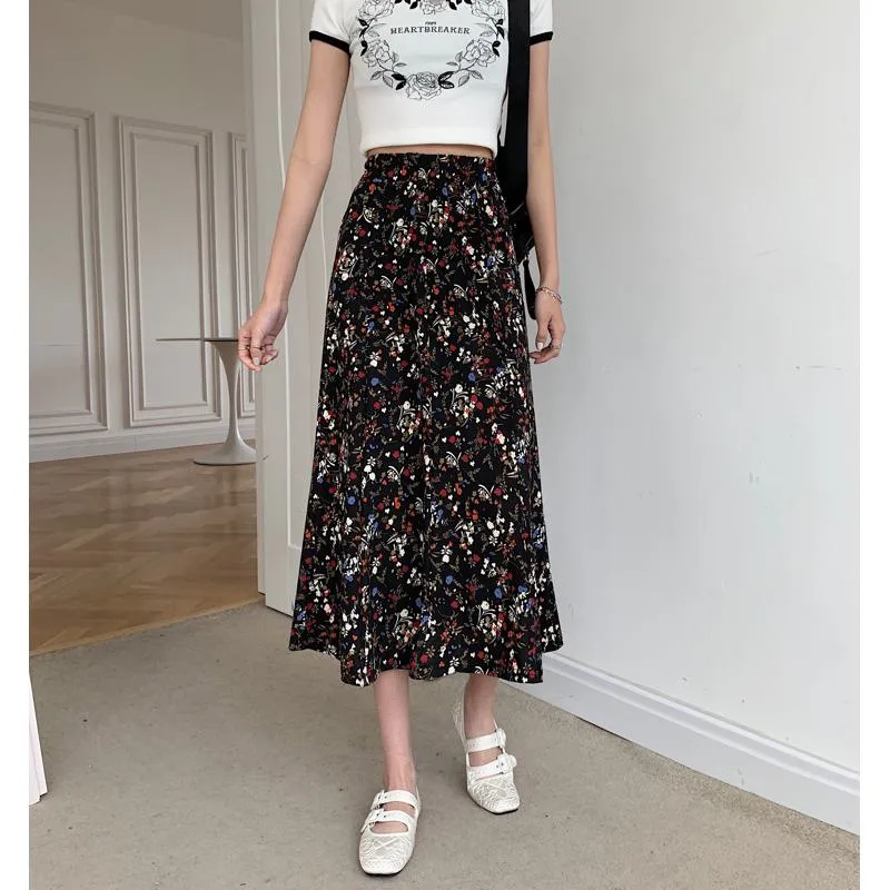 Slimming Midi High-Waisted Floral Print Mesh Skirt
