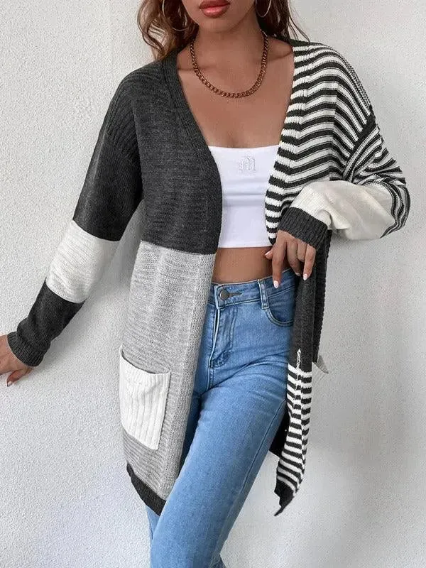 Striped Patchwork Women Cardigan Sweater