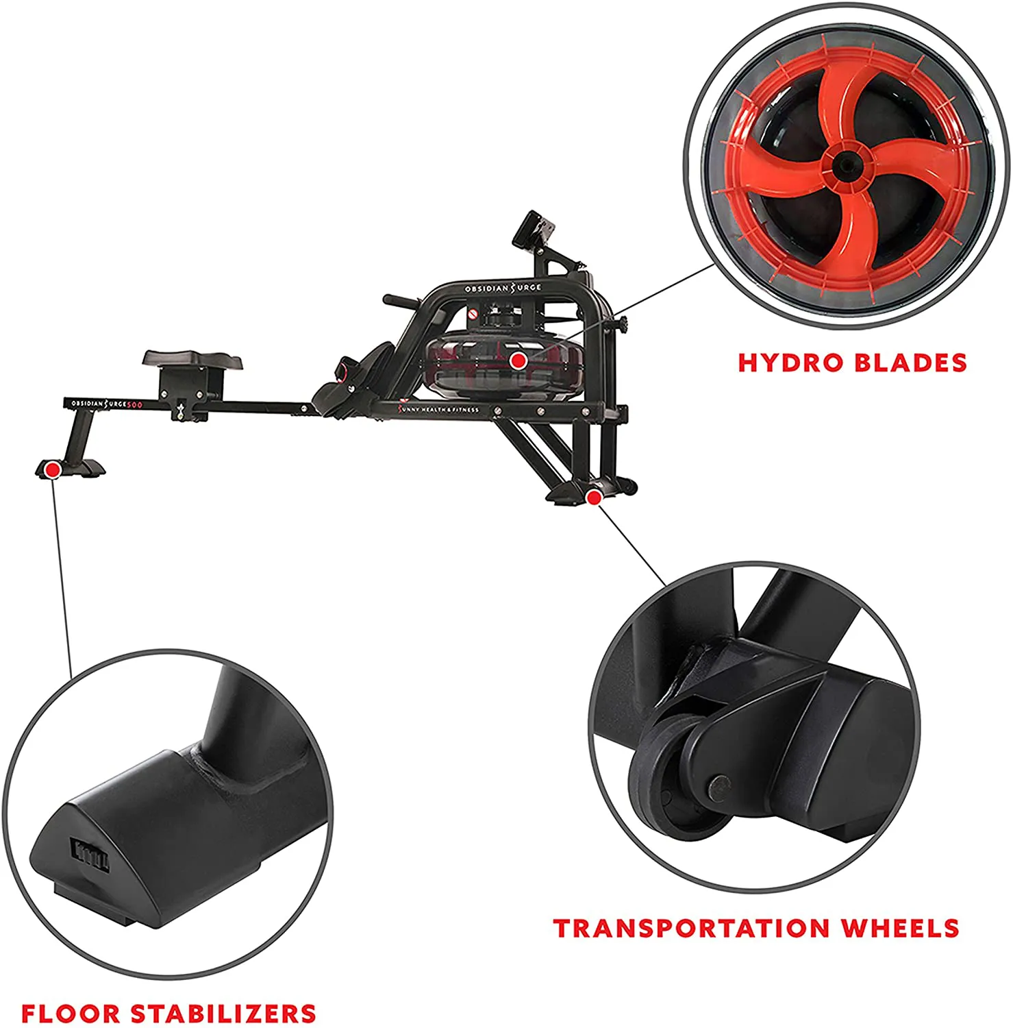 Sunny Health & Fitness Obsidian Surge 500 Water Rowing Machine - SF-RW5713 , Black