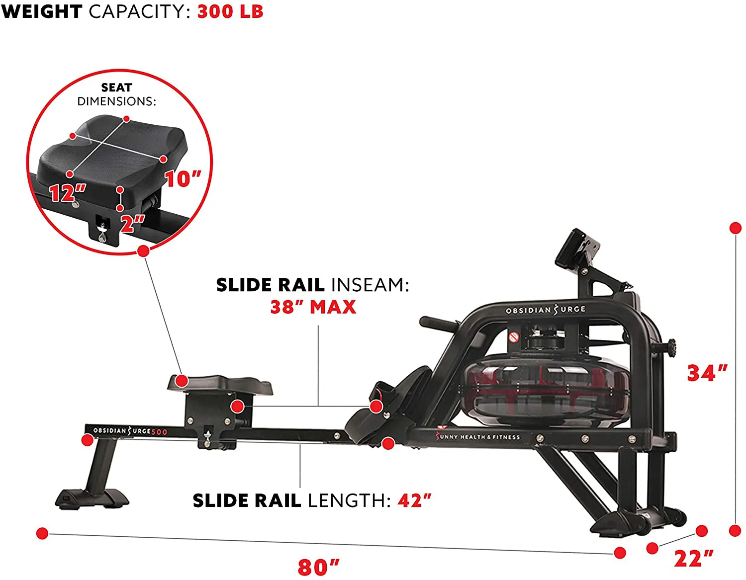 Sunny Health & Fitness Obsidian Surge 500 Water Rowing Machine - SF-RW5713 , Black