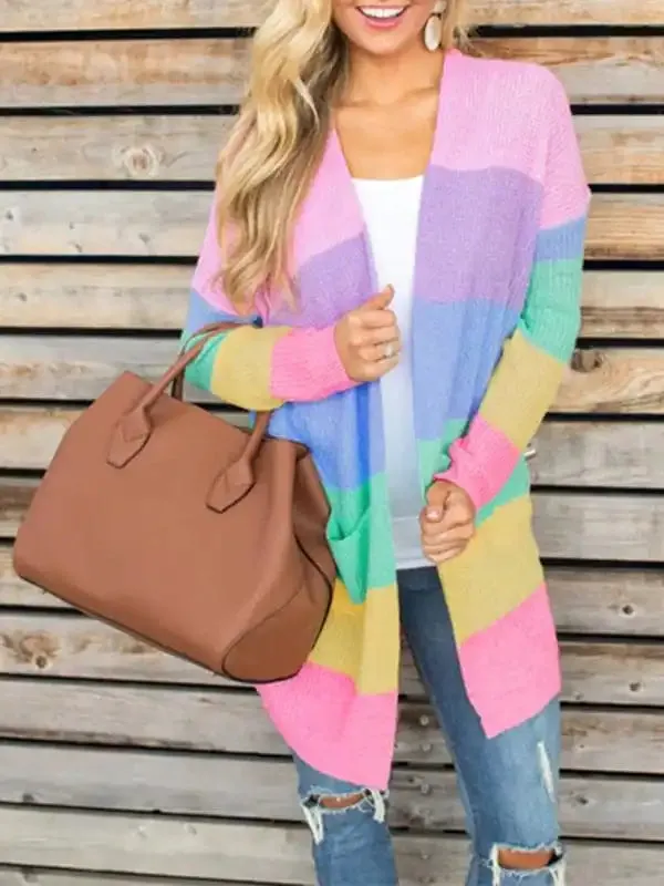Sweater Loose Color Long Sleeve Contrasting Color Striped Knit Cardigan Jacket