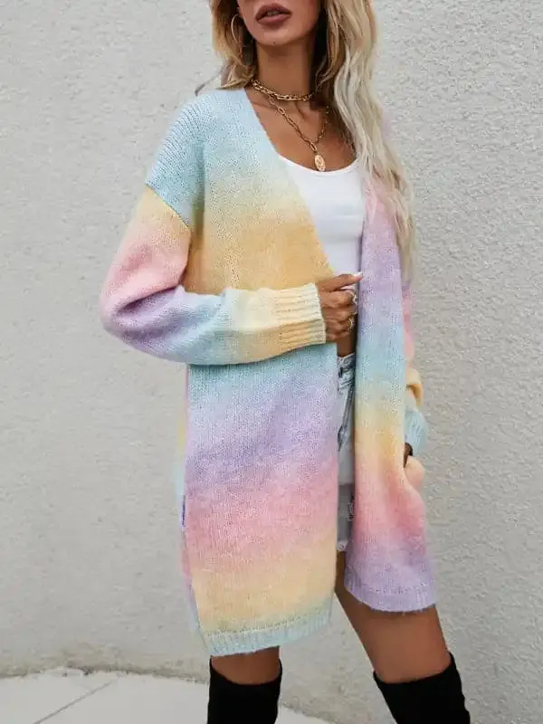 Sweater Rainbow Tie-Dye Mid-Length Oversized Cardigan Pocket Knit Jacket