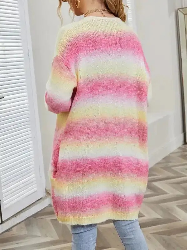 Sweater Rainbow Tie-Dye Mid-Length Oversized Cardigan Pocket Knit Jacket