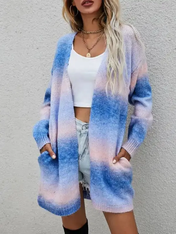 Sweater Rainbow Tie-Dye Mid-Length Oversized Cardigan Pocket Knit Jacket
