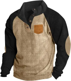 Sweatshirts for Men Button Down Outdoor Casual Fashion Pullover Stand Collar Corduroy Color Blocking Sweater