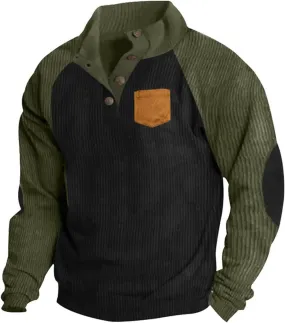 Sweatshirts for Men Button Down Outdoor Casual Fashion Pullover Stand Collar Corduroy Color Blocking Sweater