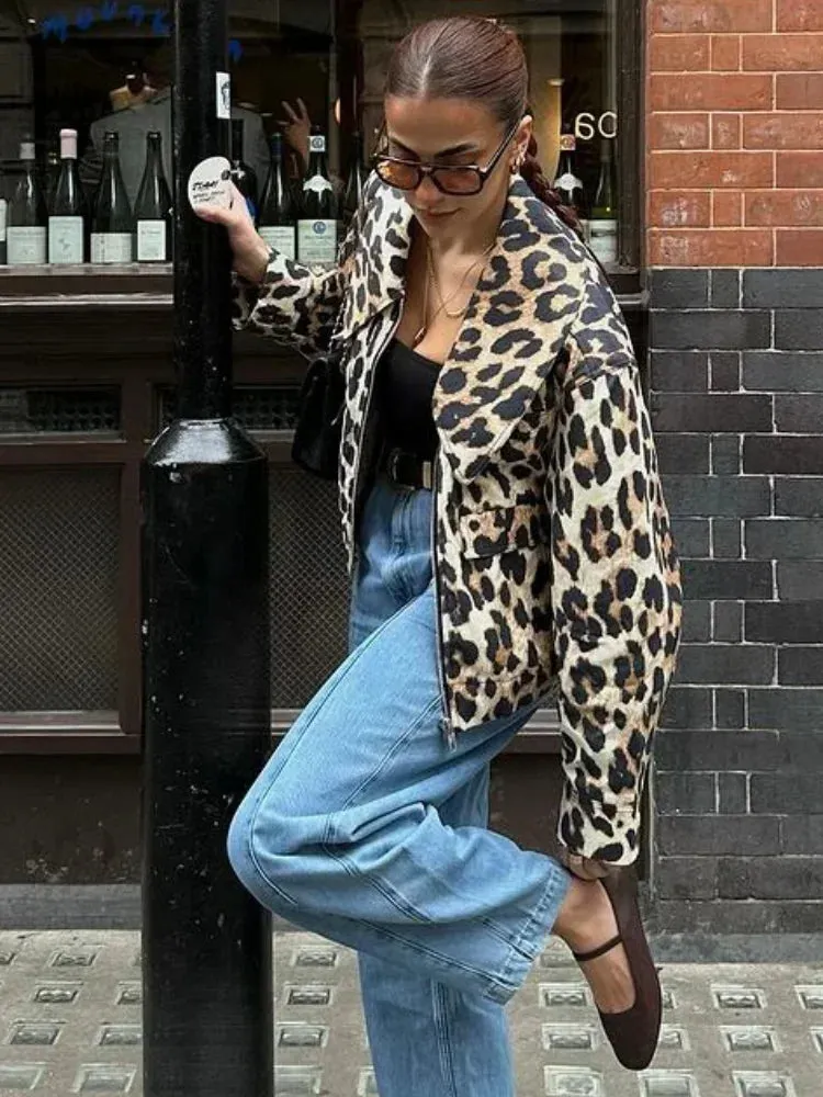 Vintage Leopard Print Bomber Elegant Lapel Long Zipper Loose 2024 Coat