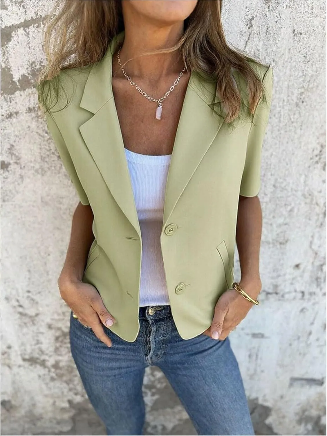 Women Casual Blazer Elegant Short Sleeve Collared Open Front Suit Jackets Spring Work Office Jacket Dressy Clothes