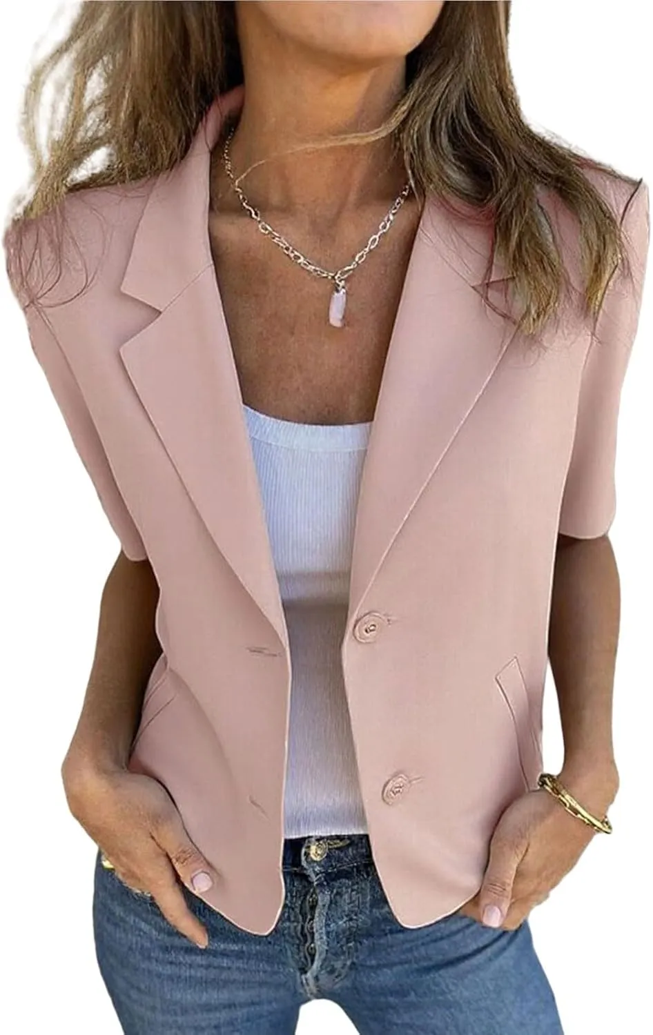 Women Casual Blazer Elegant Short Sleeve Collared Open Front Suit Jackets Spring Work Office Jacket Dressy Clothes