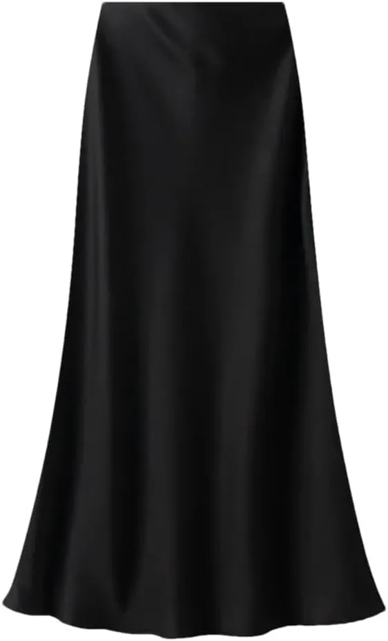 Women High Waisted Elegant Satin Skirt Party Wedding Flowy A-Line Midi Skirts