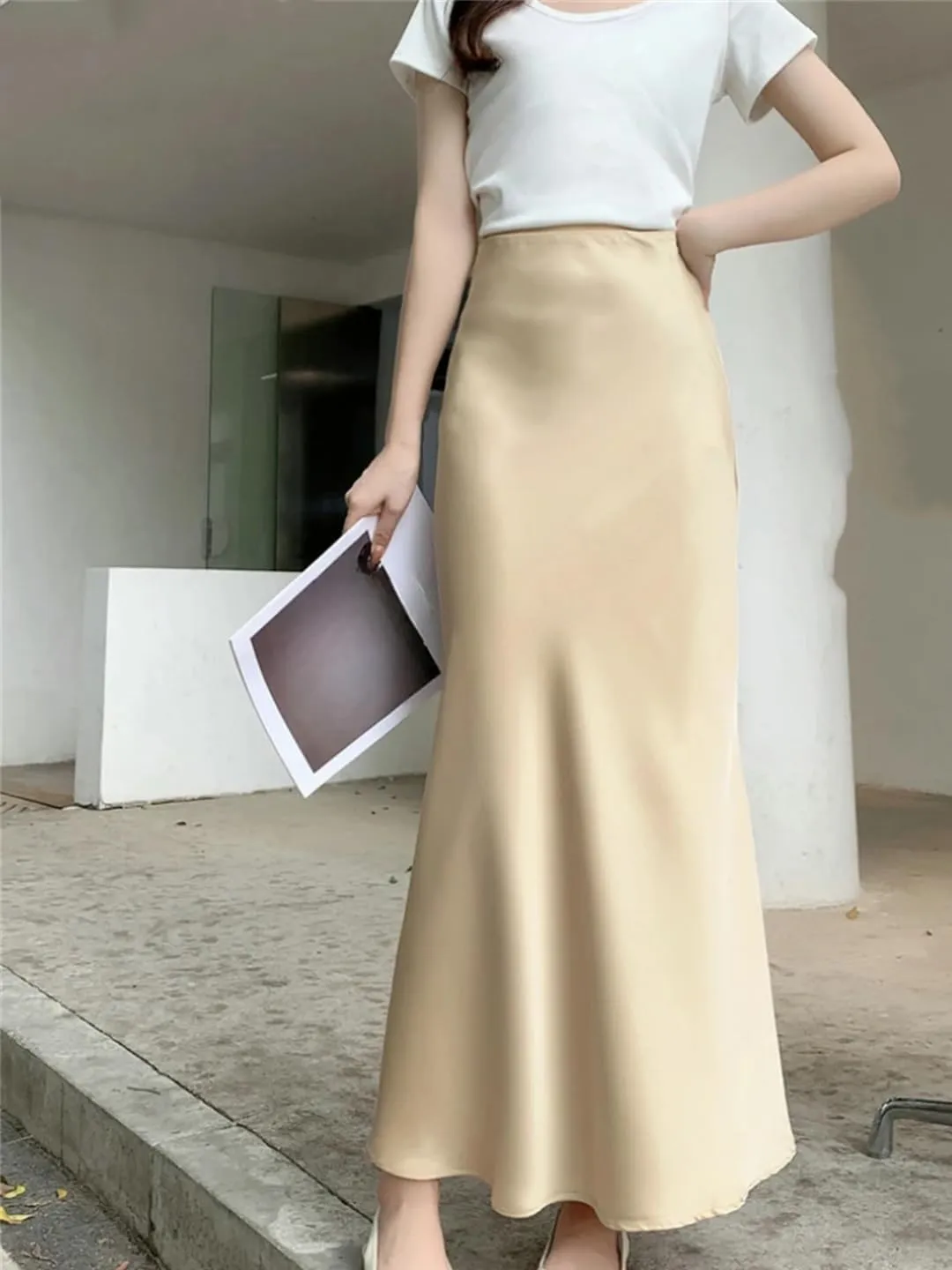 Women High Waisted Elegant Satin Skirt Party Wedding Flowy A-Line Midi Skirts