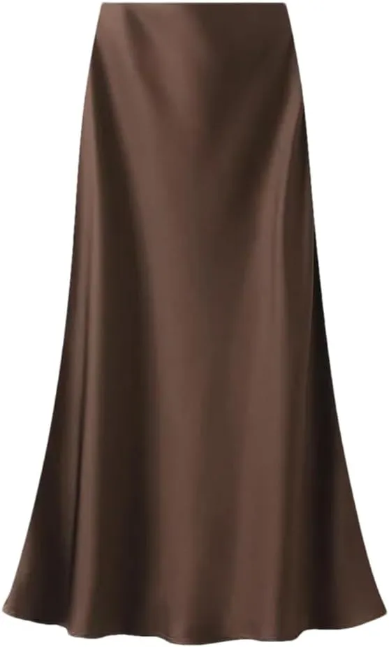 Women High Waisted Elegant Satin Skirt Party Wedding Flowy A-Line Midi Skirts
