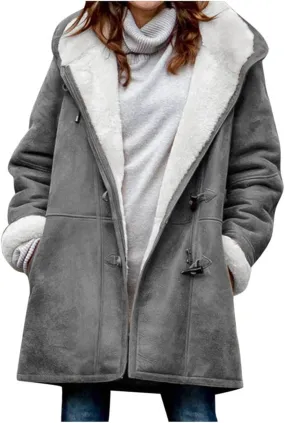 Women Winter Fleece Lined Suede Jackets Plus Size Long Sleeve Horn Buckle Hooded Overcoat Velvet Trench Thick Outwear