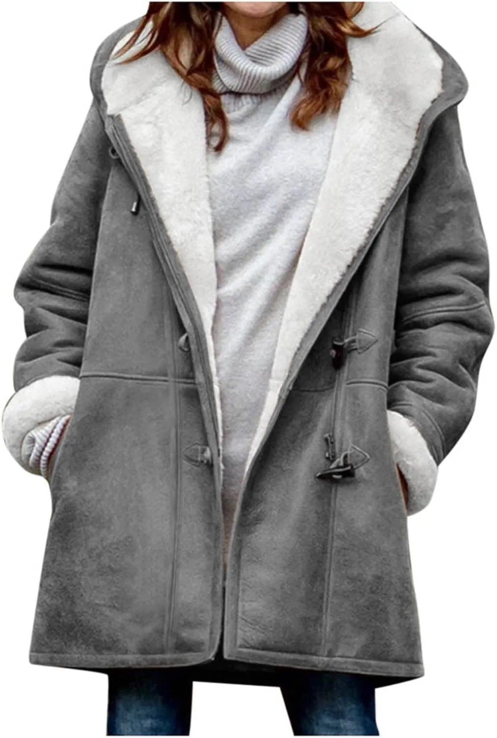 Women Winter Fleece Lined Suede Jackets Plus Size Long Sleeve Horn Buckle Hooded Overcoat Velvet Trench Thick Outwear