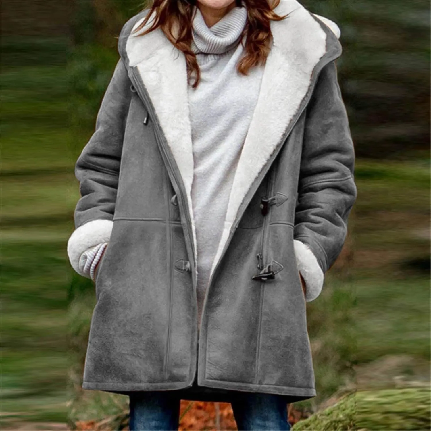 Women Winter Fleece Lined Suede Jackets Plus Size Long Sleeve Horn Buckle Hooded Overcoat Velvet Trench Thick Outwear